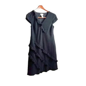 Liz Claiborne Womens A Line Dress Black Lined Knee Length V Neck Cap Sleeve 10